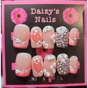 Medium Size Press-on Nail 10Pc Set Handmade Squoval Pink 3D Bling 2.0 Cm Length